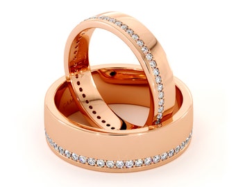 Special Matching Band Set Wedding Band His And Hers Diamond 14K Rose Gold Twin Rings 4.5 / 6.5 mm