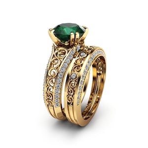 2 Carat Emerald Engagement Ring Set Unique 14K Yellow Gold Filigree Matching Rings