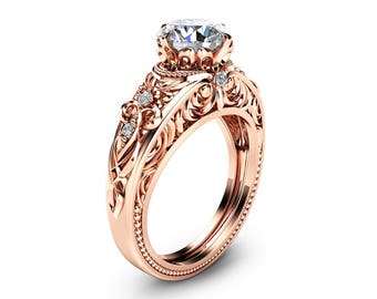 Moissanite Vintage Engagement Ring Moissanite Ring 14K Rose Gold Vintage Engagement Ring