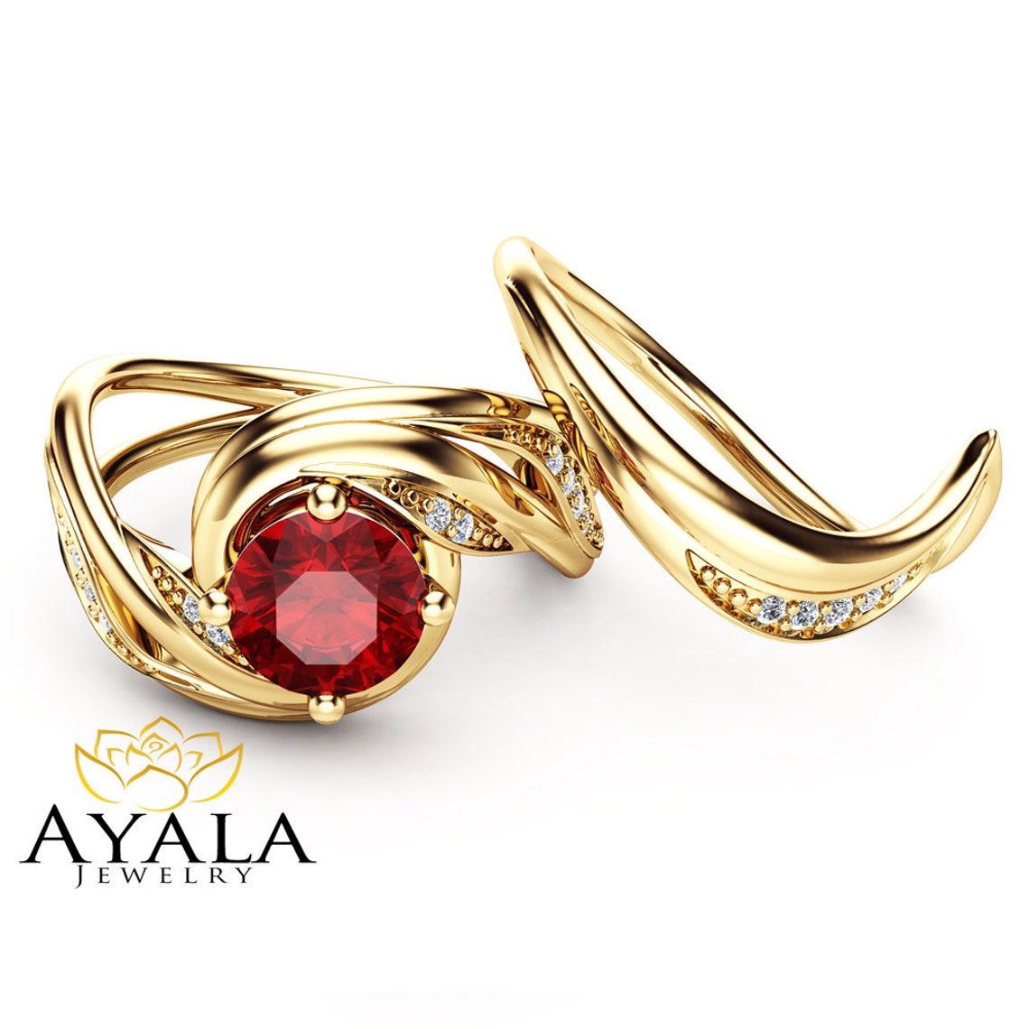 Unique Design Ruby Wedding Ring Set in 14K Yellow Gold Ruby | Etsy