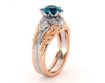 Regal Blue Diamond Engagement Ring Vintage Two Tone Gold Ring