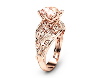 Peach Pink Morganite Engagement Ring in 14K Rose Gold Custom Engagement Ring 2 Carat Morganite Ring Unique Solitaire Ring