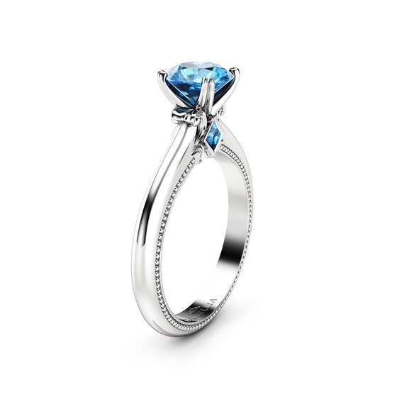 Blue Diamond Engagement Ring Unique 14K White Gold Ring Victorian