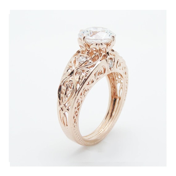 14K Rose Gold Filigree Right Hand Ring Antique Inspired Moissanite