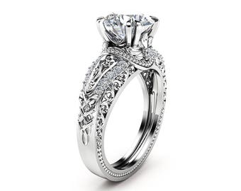 White Gold Moissanite Engagement Ring 2 Carat Moissanite Ring Vintage Engagement Ring