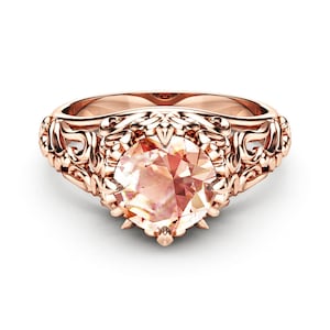 Peach Pink Morganite Engagement Ring: Unique 14K Rose Gold Filigree