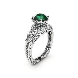 Unique Celtic Design Emerald Ring 14K White Gold Engagement Ring
