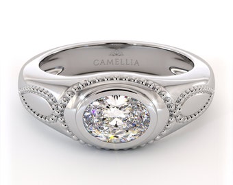 Anillo de hombre con diamante sintético y diseño ovalado de milgrain.