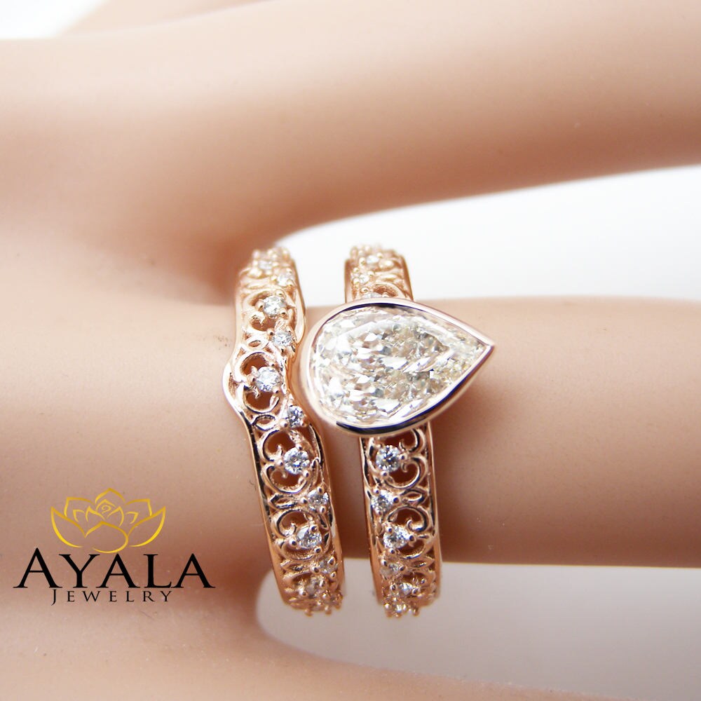 14K Rose Gold Vintage Engagement Rings Bezel Set Pear Shape
