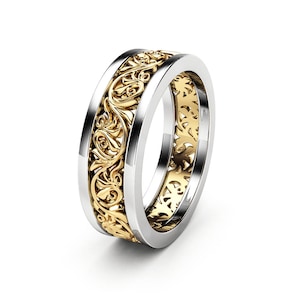 Filigree Wedding Band: Unisex 14K Two Tone Gold Ring