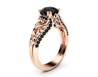 Black Diamond Engagement Ring 14K Rose Gold Ring Anniversary Ring Art Deco Engagement Ring