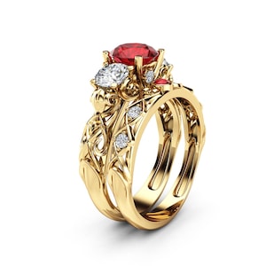 Ruby Moissanite Bridal Set: Art Deco 14K Yellow Gold Diamond Band