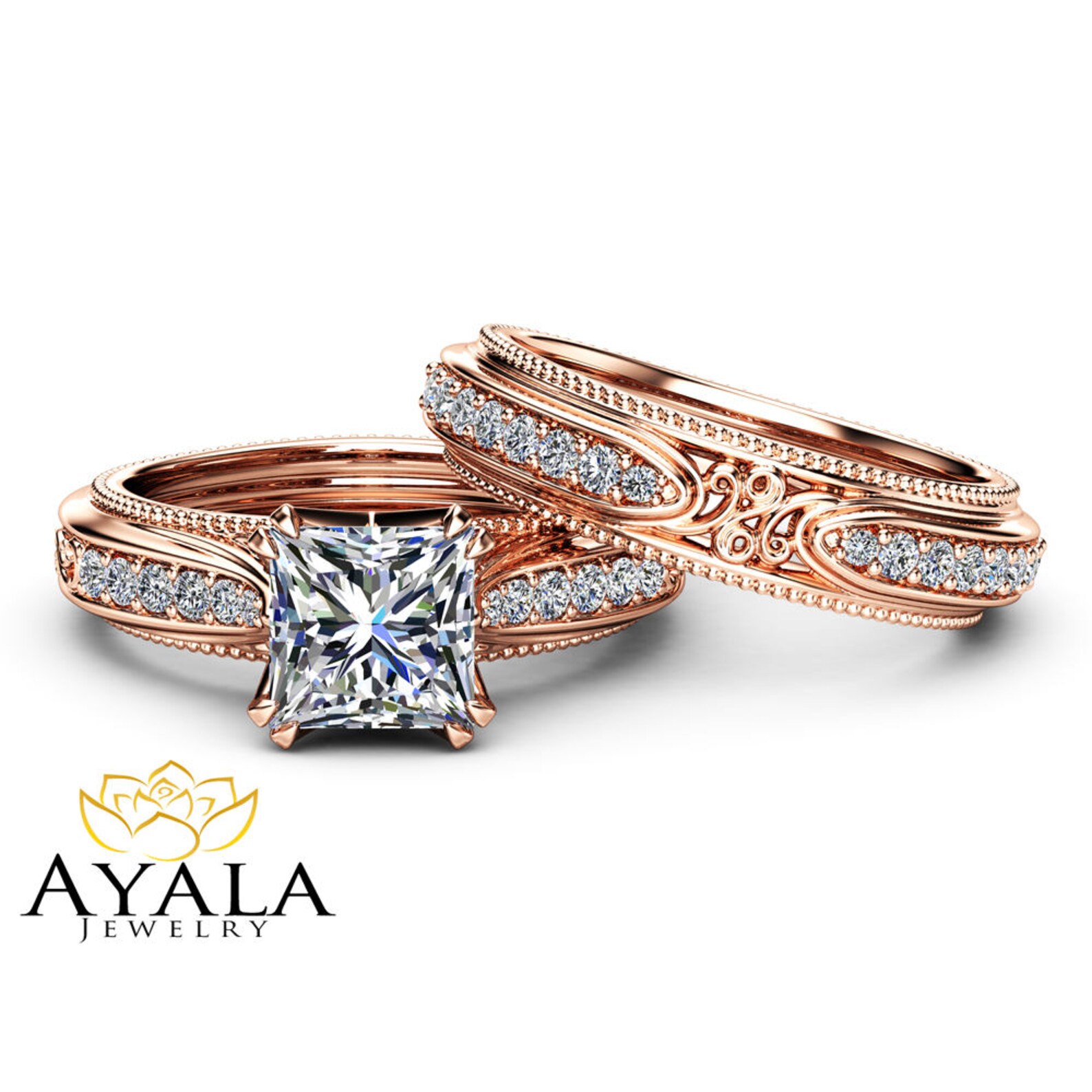 Moissanite Princess Cut Braut Set: 14K Weißgold Split Schaft