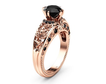 Rose Gold Black Diamond Engagement Ring FilIgree Band 1.2 Ct Black Diamond Ring For Women
