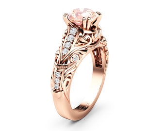 Unique Peach Pink Morganite Engagement Ring 14K Rose Gold Filigree Ring