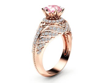 Lovely Natural Pink Sapphire Ring 14K Gold Side Stone Engagement Ring