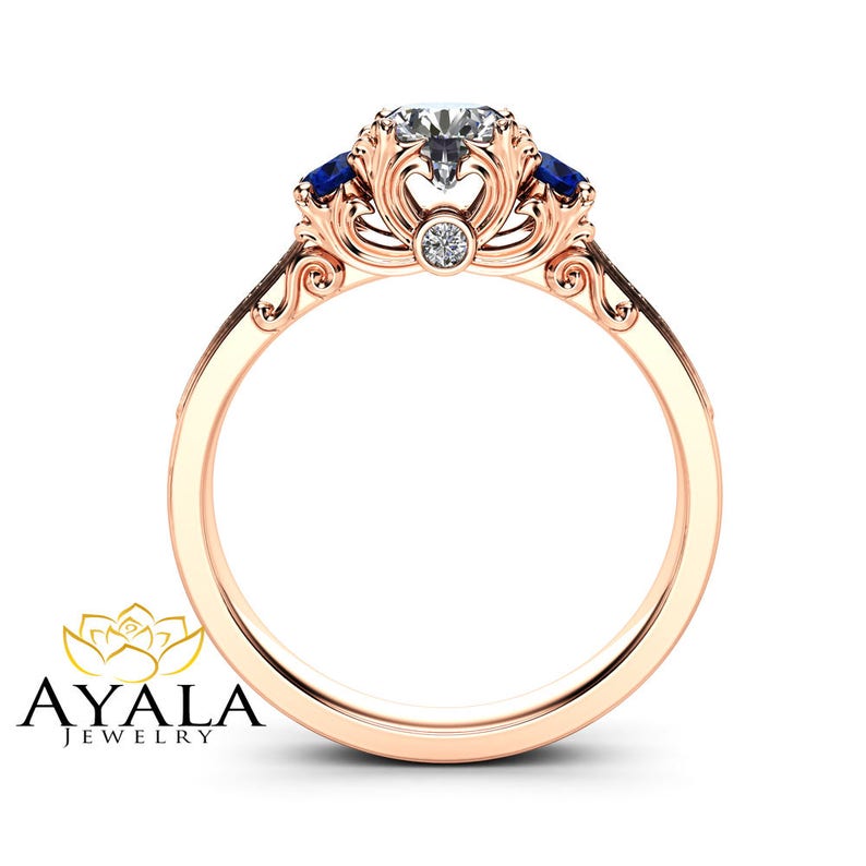 Three Stone Diamond Sapphire Engagement Ring 14K Rose Gold Ring Art Deco Engagement Ring image 2