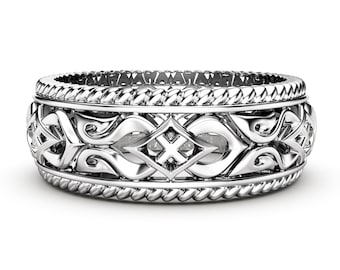 14K White Gold Wedding Band: Unique Mens Ring, 7mm