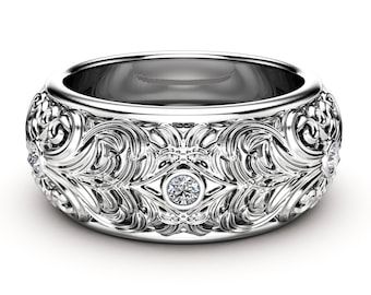 Lab Diamond Filigree Wedding Band: 14K Gold Ring for Men