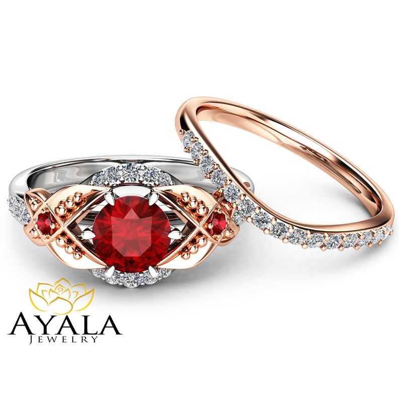 Leaf Ruby Engagement Ring Set 14K Two Tone Gold Engagement - Etsy