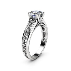 Asscher Moissanite Engagement Ring: 14K White Gold Filigree