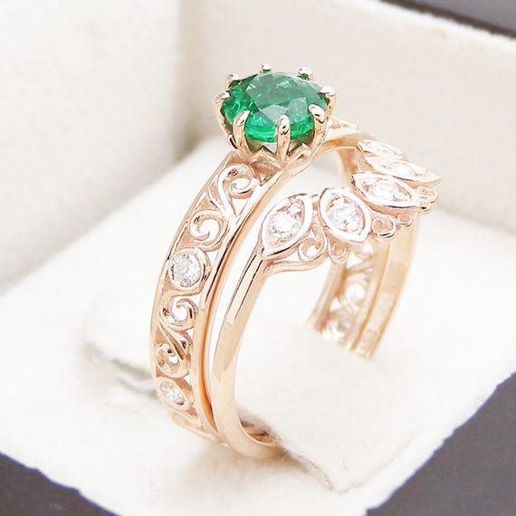 Filigree Design Emerald Wedding Ring Set in 14K Rose Gold | Etsy