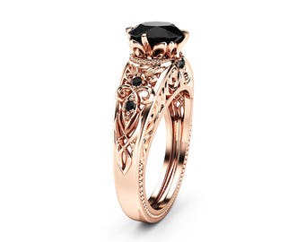 Filigree & Vintage Engagement Ring Black Diamond Vintage Ring 14K Rose Gold Engagement Ring