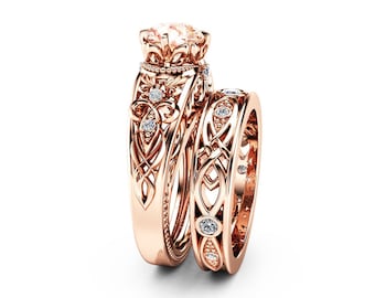 Morganite Engagement Ring Set 14K Rose Gold Ring Victorian Engagement Matching Rings