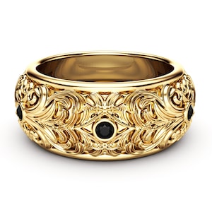Black Diamond Filigree Wedding Band - 14K Yellow Gold