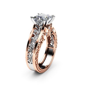 Art Deco Moissanite Engagement Ring 14K Two Tone Gold Vintage Ring Princess Cut Engagement Ring