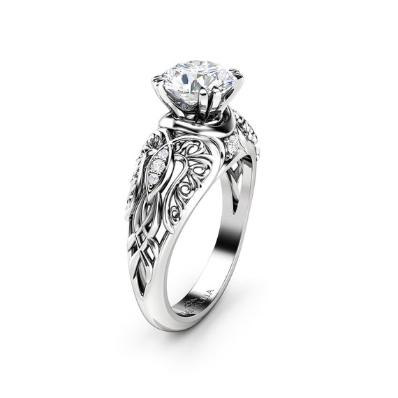 Lab Diamond Engagement Ring Art Nouveau Styled Ring 14K White | Etsy
