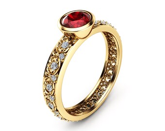 Natural Ruby Engagement Ring 14K Yellow Gold Vintage Ring Unique Bezel Engagement Ring Vintage Ruby Ring