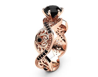 Black Diamond Filigree Engagement Ring 14K Rose Gold Ring Unique Swirl Ring