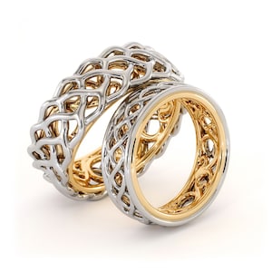 Matching Couples Rings Unique Design His & Hers Bands 14K Two Tone Braided Bands