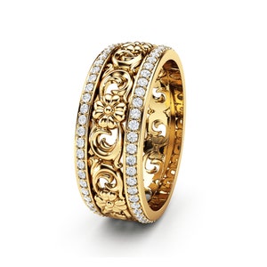 Diamond Wedding Band: 14K Yellow Gold Floral Ring, 0.52 Ct