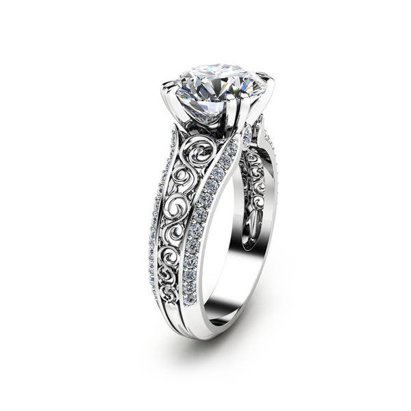 Round Cut Lab Created Diamond Engagement Ring 14K White Gold Ring Unique Lab Diamond Handmade Ring