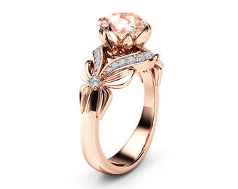 2 Carat Morganite Engagement Ring 14K Rose Gold Ring Unique Leaves Engagement Ring