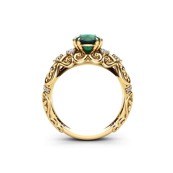 Art deco Emerald Engagement Ring Set 14K Yellow Gold Rings 2 Carat Emerald  Bridal Set Filigree Engagement Rings - Camellia Jewelry