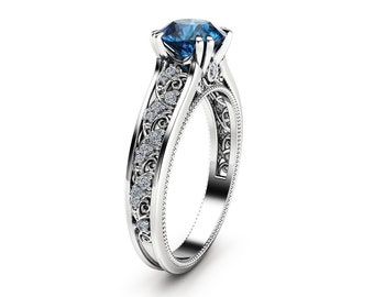 Blue Diamond Vintage Engagement Ring Unique 14K White Gold Engagement Ring Diamond Vintage Ring