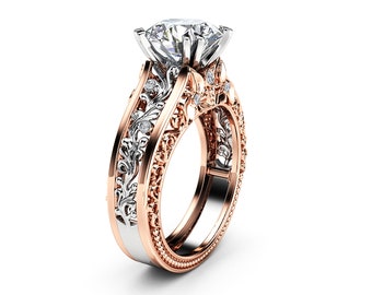 Unique 2.00 Carat Moissanite Engagement Ring 14K Two Tone Art Deco Gold Ring