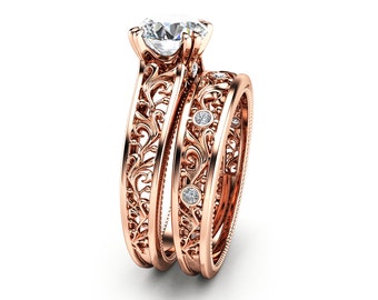 Rose Gold Moissanite Vintage Wedding Ring Set For Bride Wedding Ring Sets His and Hers