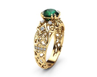 1 Carat Emerald Engagement Ring 14K Yellow Gold Filigree Ring