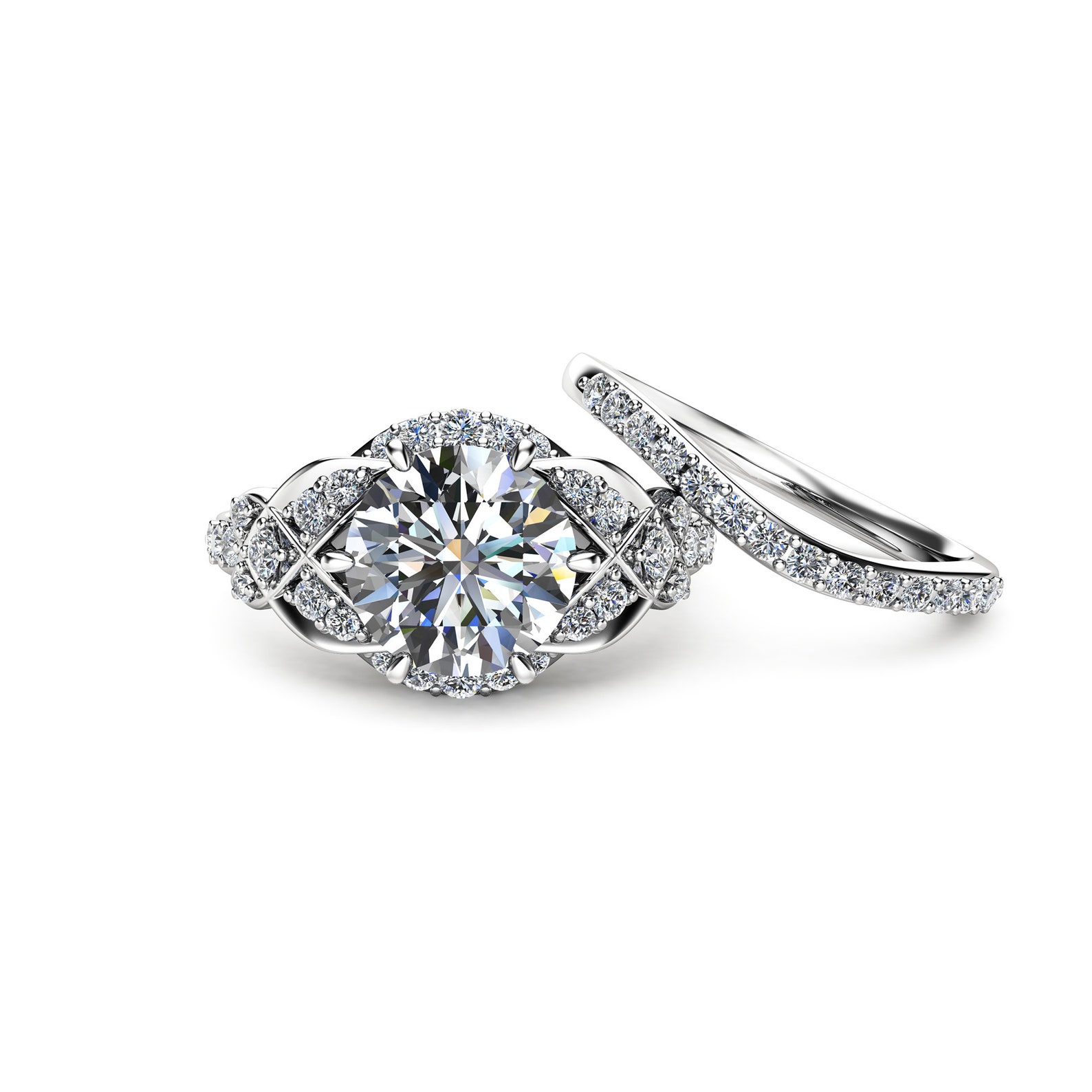 Lab Created Diamond Wedding Ring Set 14K White Gold Unique