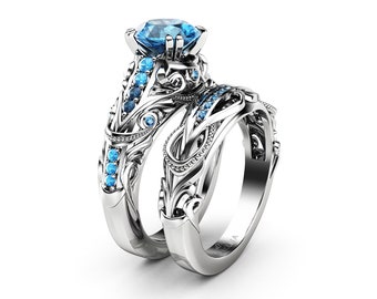 Unique Blue Diamond Engagement Ring Set White Gold Ring Filigree Ring Blue Diamonds Engagement Ring