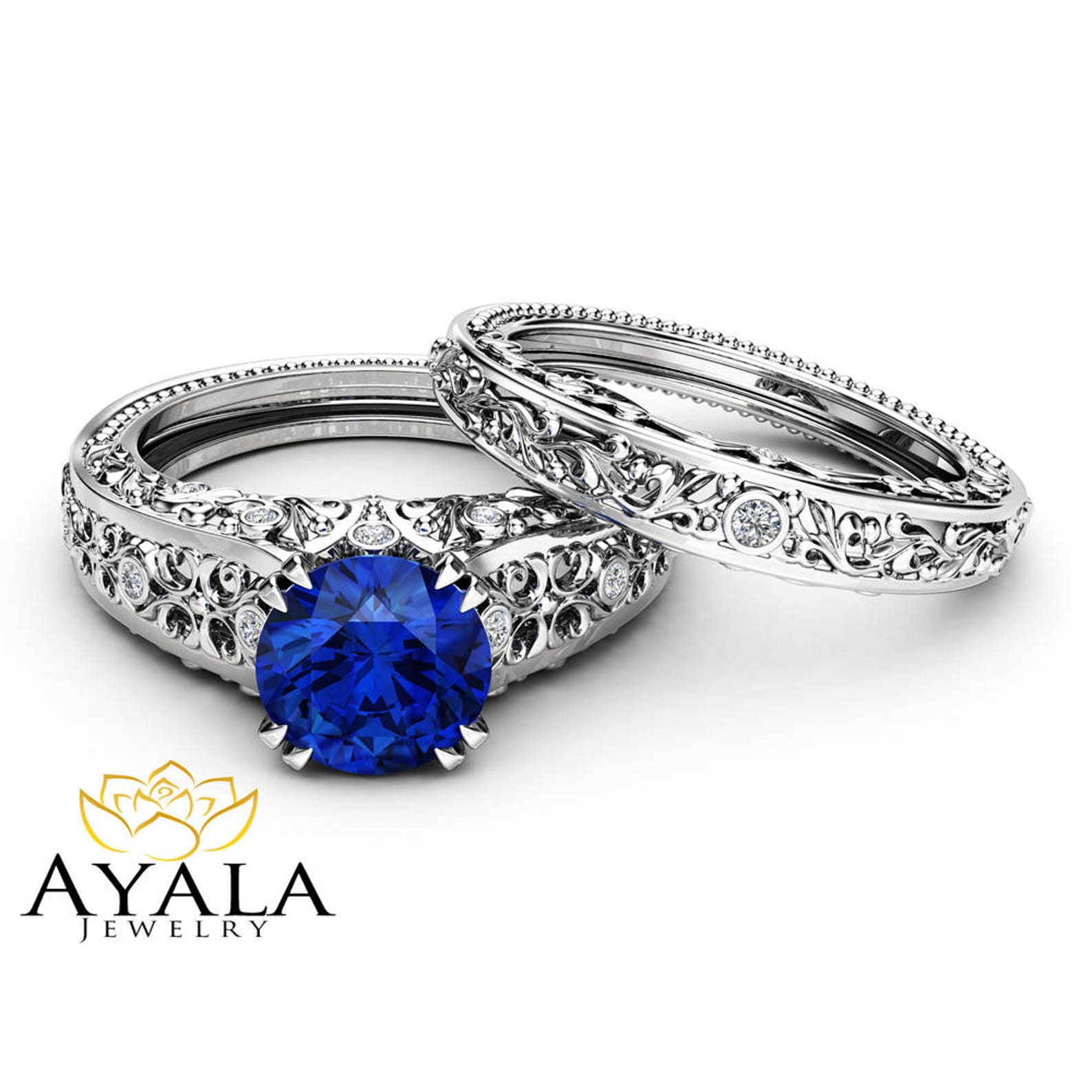 Sapphire Engagement Wedding Ring Set 14K White Gold Rings Etsy