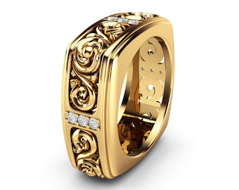 Celtic Diamonds Men’s Wedding Band Square Design 14K Yellow Gold Mens Diamond Wedding Band 9.2mm