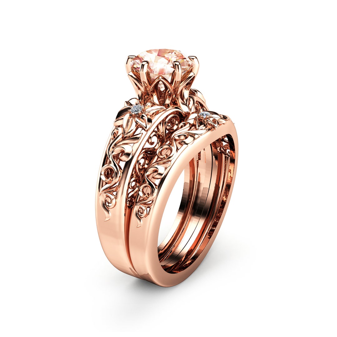 Wedding Ring Set 14K Rose Gold Rings Unique