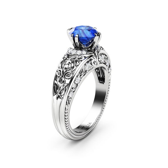 Sapphire Engagement Ring Unique Blue Sapphire Halo Ring 14K - Etsy