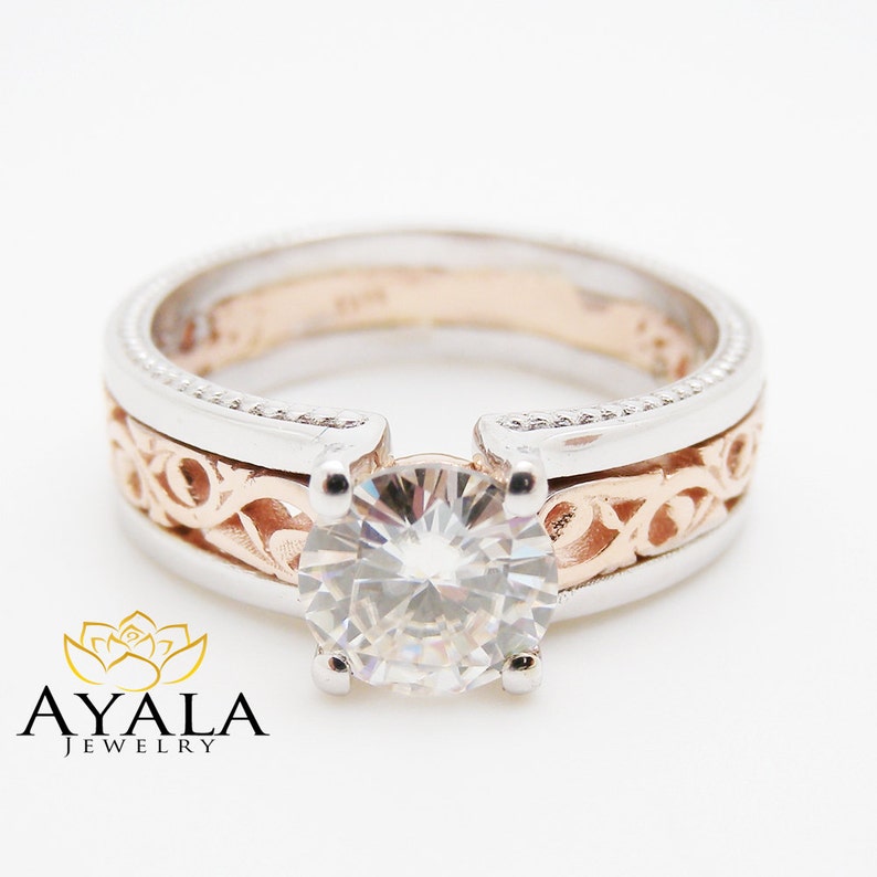 Unique Art Deco Engagement Ring 14K Two Tone Gold 1 Carat Etsy