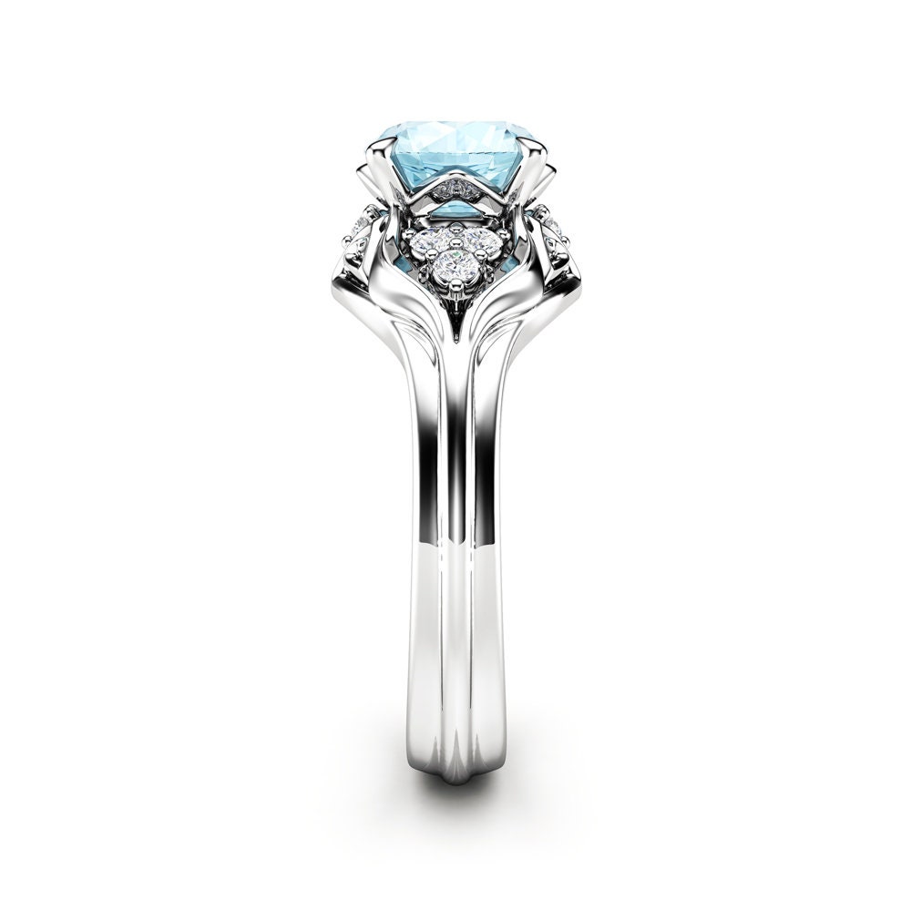 Aquamarine Engagement Ring 14K White Gold Ring Unique Diamonds | Etsy